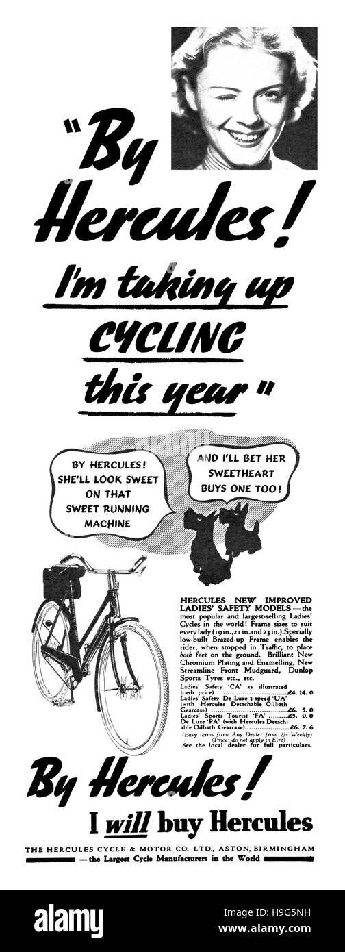 1938 British pubblicità per Hercules biciclette Foto Stock