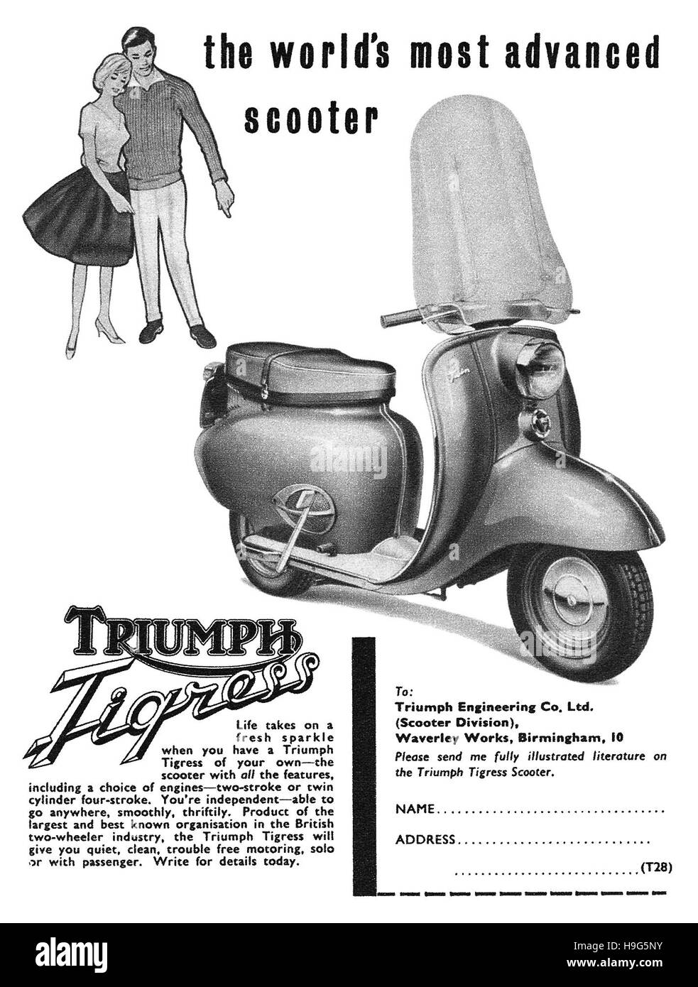 1960 British pubblicità per il Trionfo Tigre Scooter Foto Stock