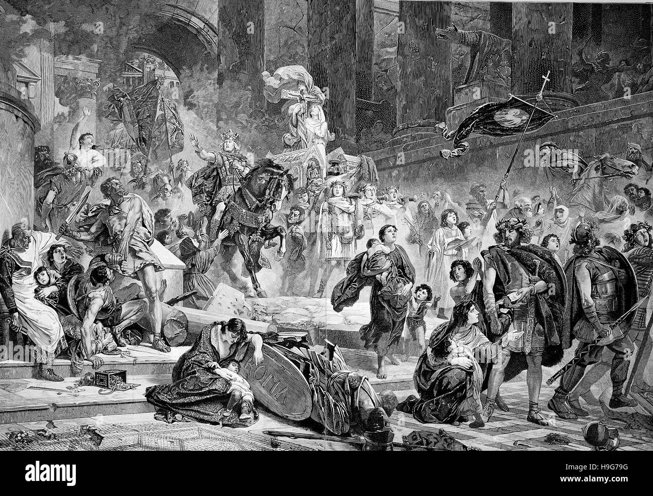 Alarico I, Alaricus, 370 - 410 D.C. fu il primo re dei Visigoti, qui a Roma, Italia, nell'anno 410 Foto Stock