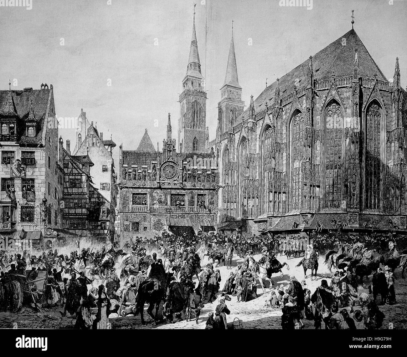 Norimberga, Germania, per l'anno 1632. La chiesa Sebalduskirche e la piazza del mercato Foto Stock