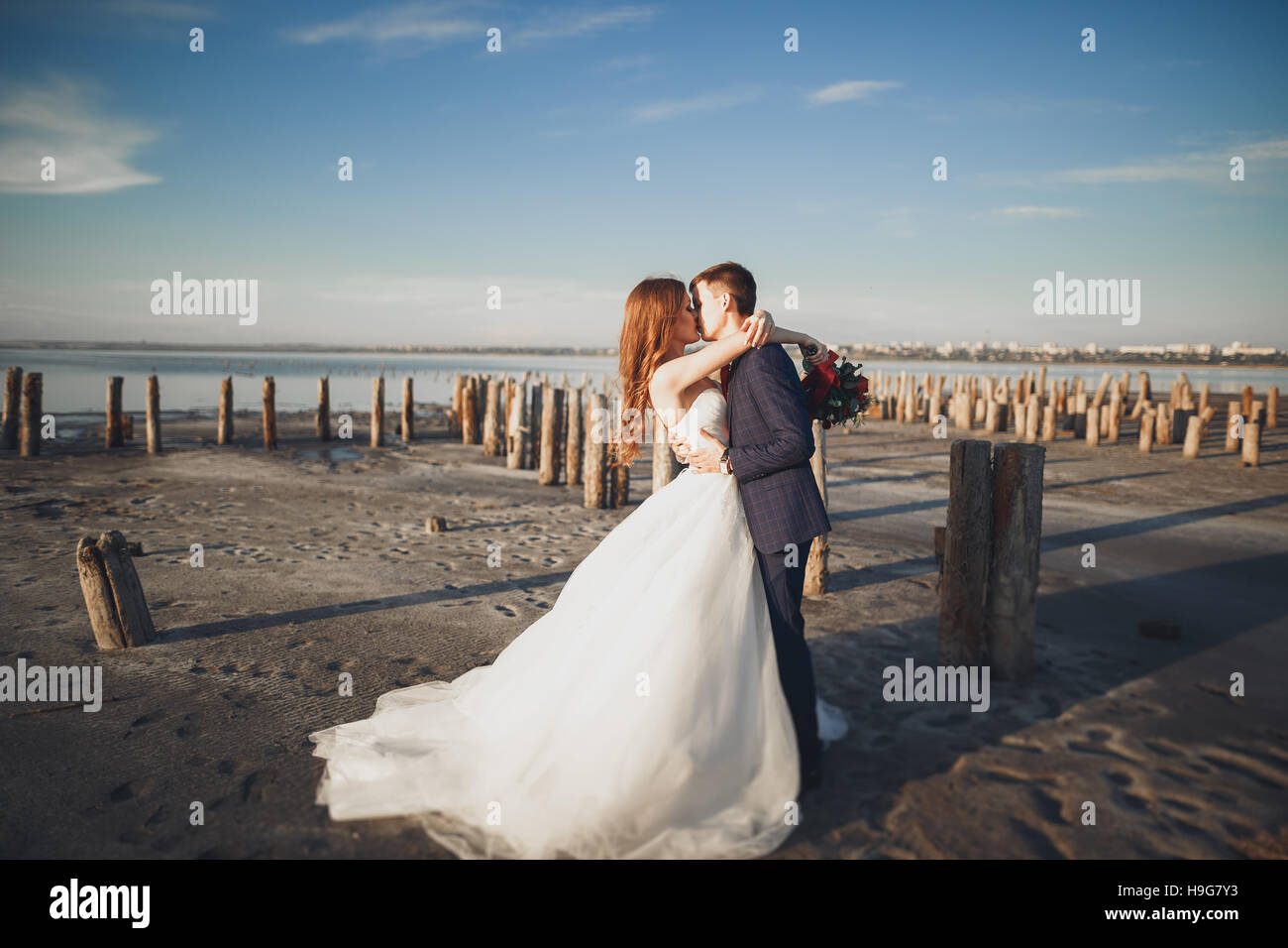 Elegante happy sposi, sposa, gorgeous groom sullo sfondo del mare e del cielo Foto Stock
