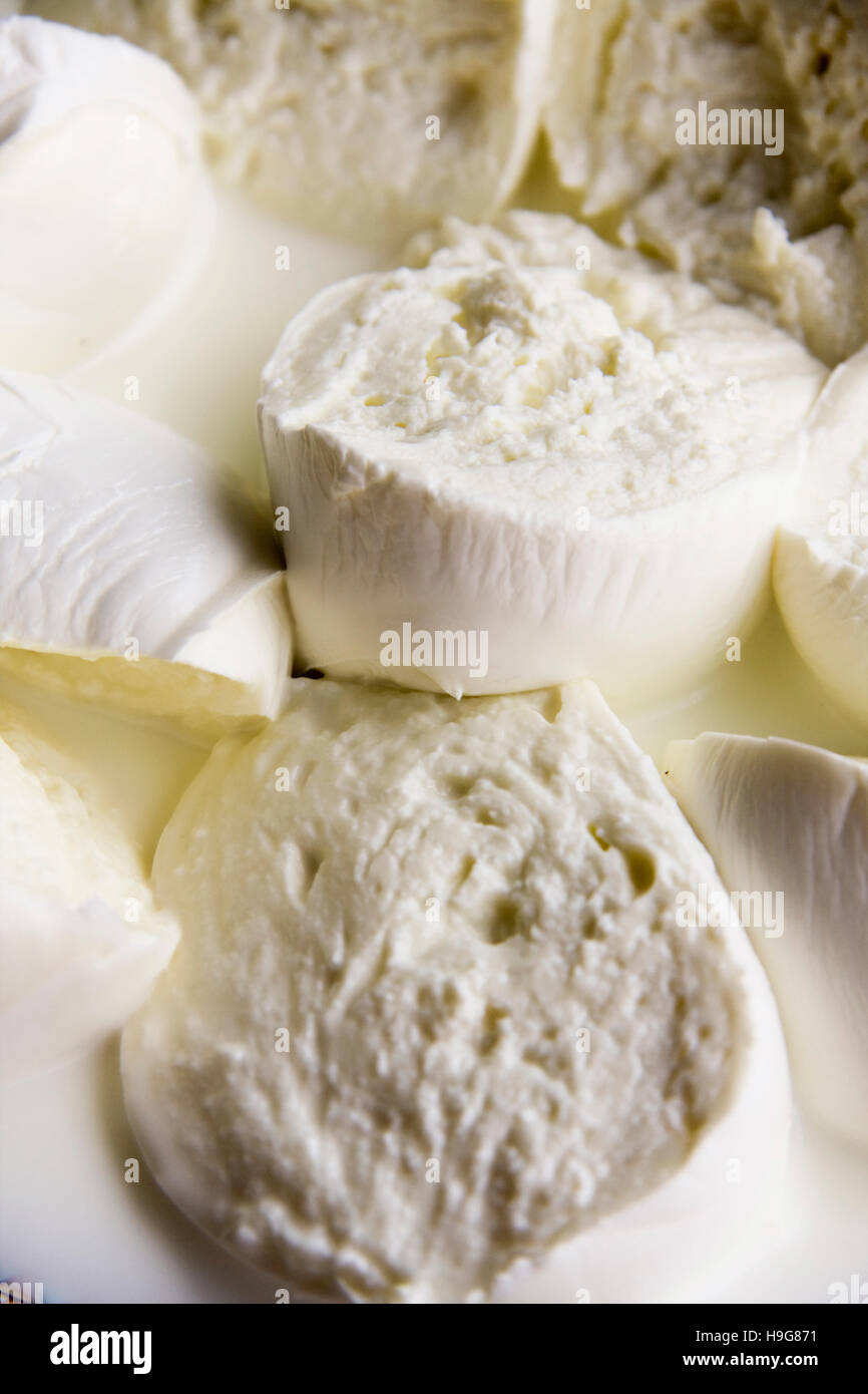 Mozzarella di bufala campana, campana doc prodotto famoso a Napoli, Campania, Italia, Europa Foto Stock