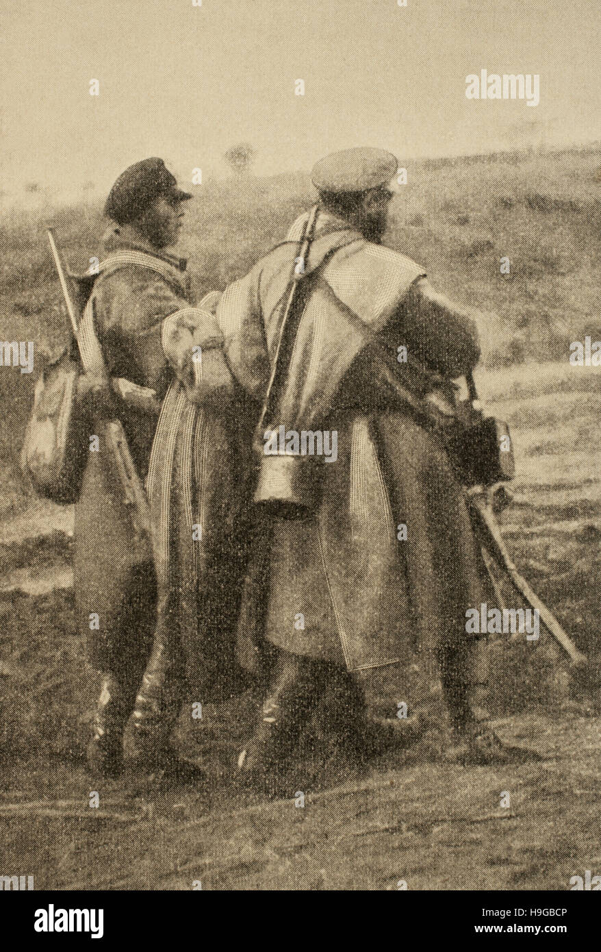 Guerra Russo-giapponese (1904-1905). Schermaglia a Shaho su dicembre 10, 1904. Soldati russi che trasportano un ferito il compagno. La illustrazione artistica. Foto Stock