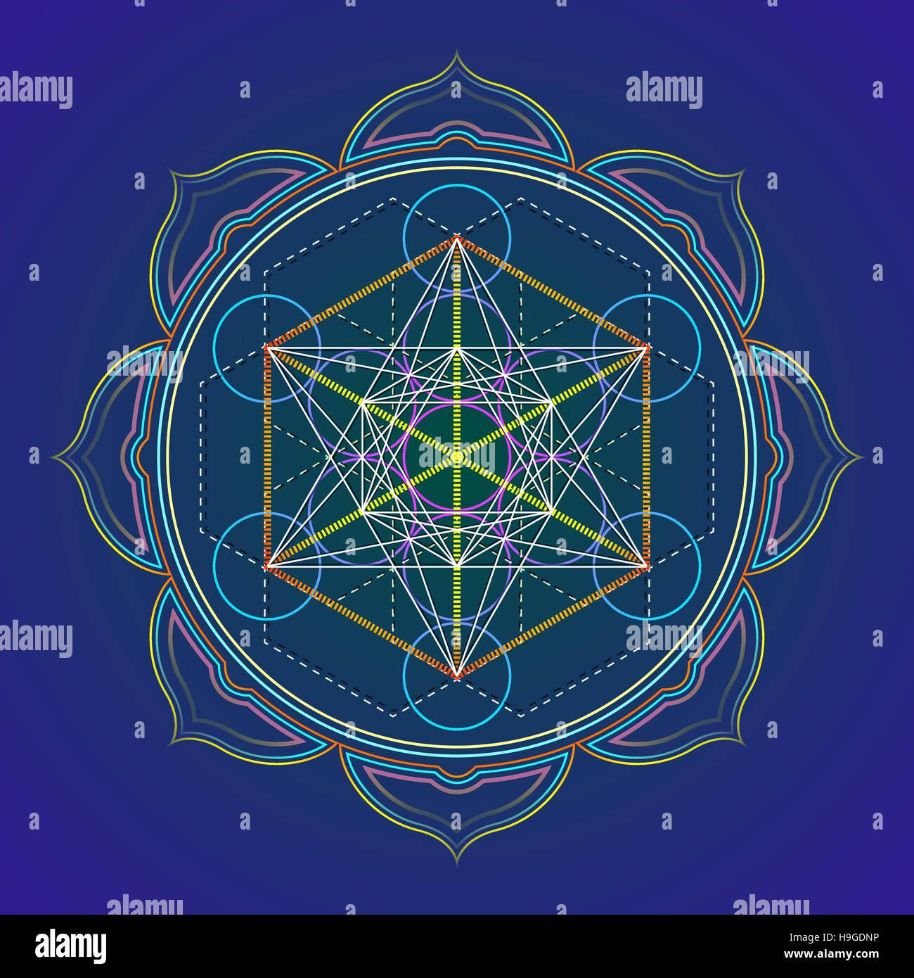 Vettore design colorato mandala geometria sacra immagine Metatron's cube yantra lotus isolato sfondo scuro Illustrazione Vettoriale