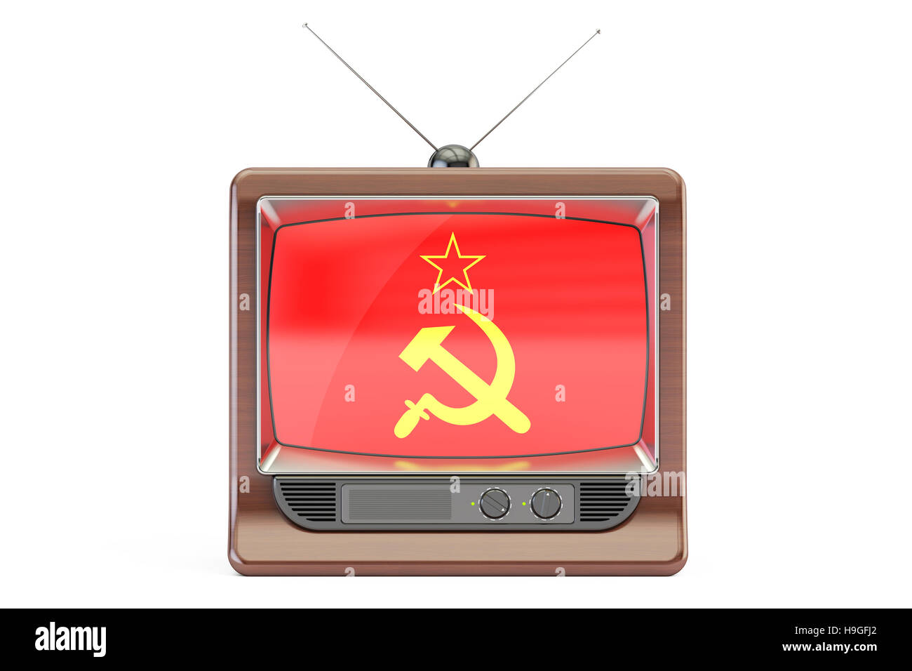 Vecchia tv con bandiera dell'URSS. Televisione sovietica concetto, rendering 3D Foto Stock