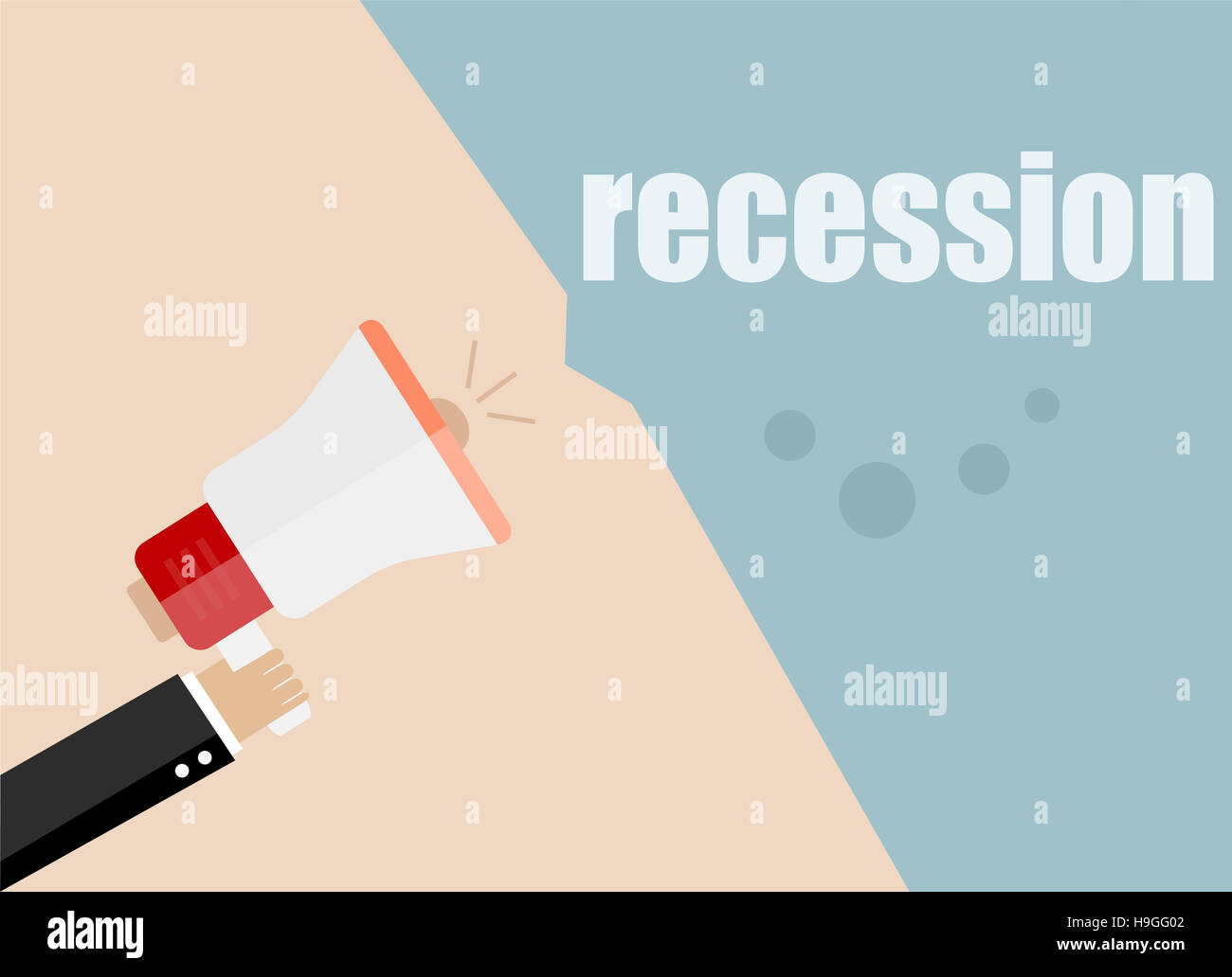 La recessione. Design piatto concetto aziendale digital marketing business man holding megafono per il sito web e la promozione di banner. Foto Stock