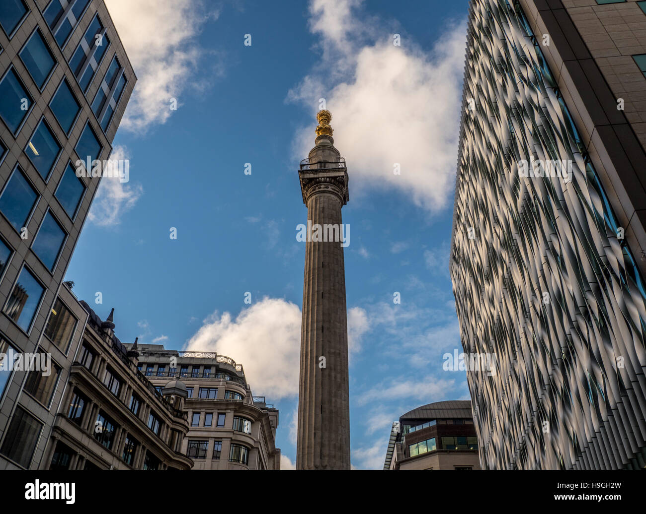 Un monumento al Grande Incendio di Londra da Sir Christopher Wren, Londra, Regno Unito. Foto Stock