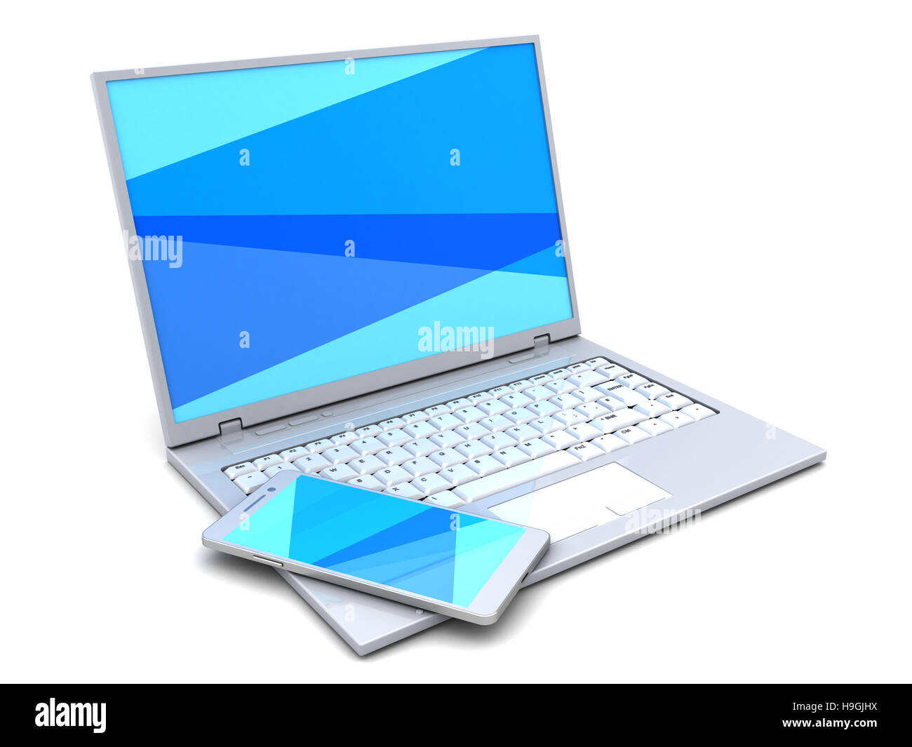 3d illustrazione del computer portatile e il telefono cellulare, blu con schermo a colori Foto Stock