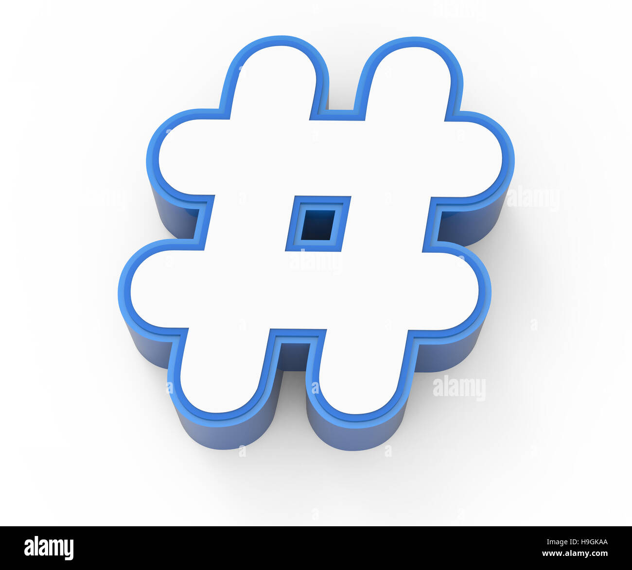 Blu bianco inquadrata hashtag mark, rendering 3D graphic isolati su sfondo bianco Foto Stock