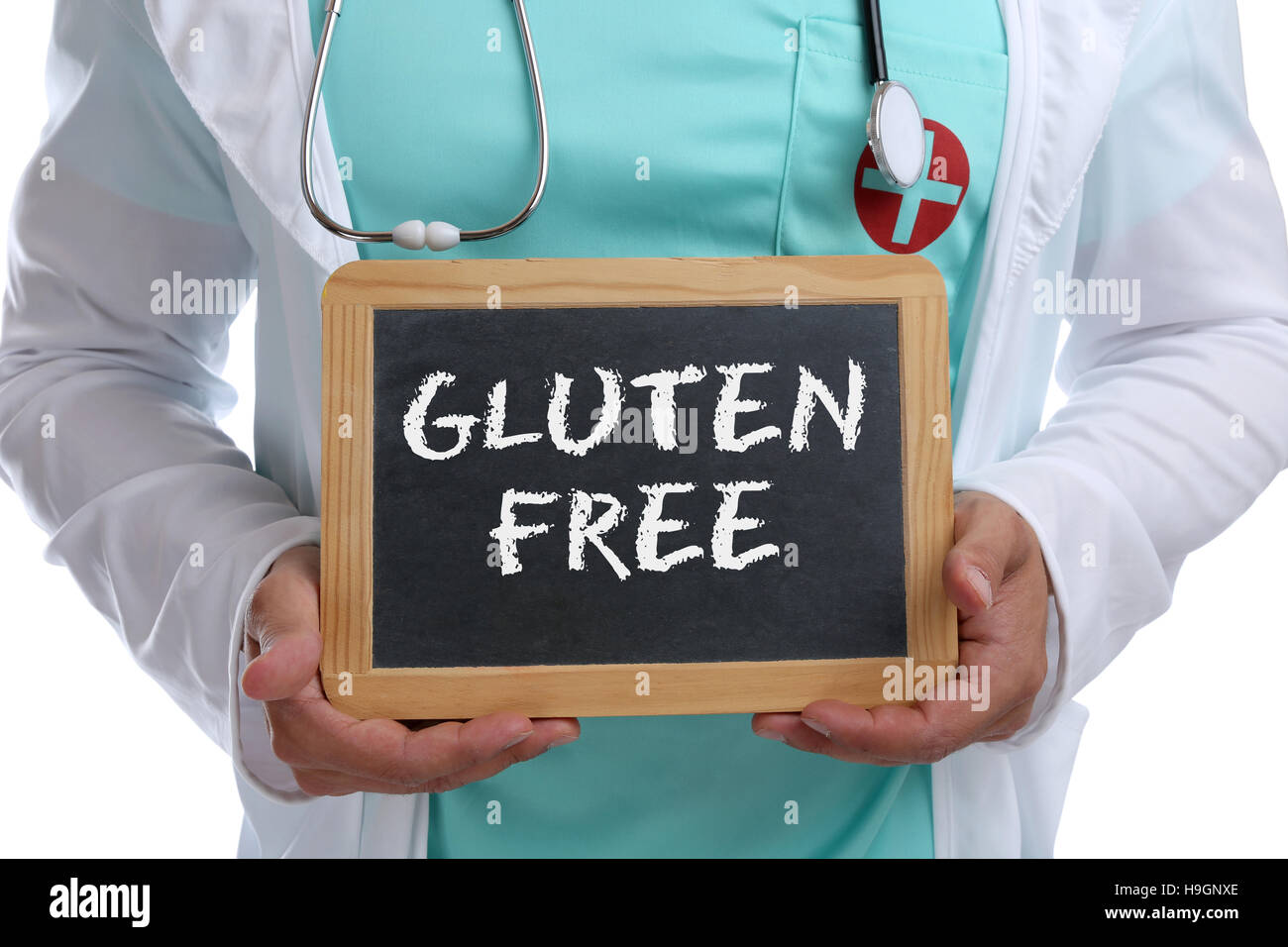 Prodotti senza glutine pasto allergy mangiare sano giovane medico salute con segno Foto Stock