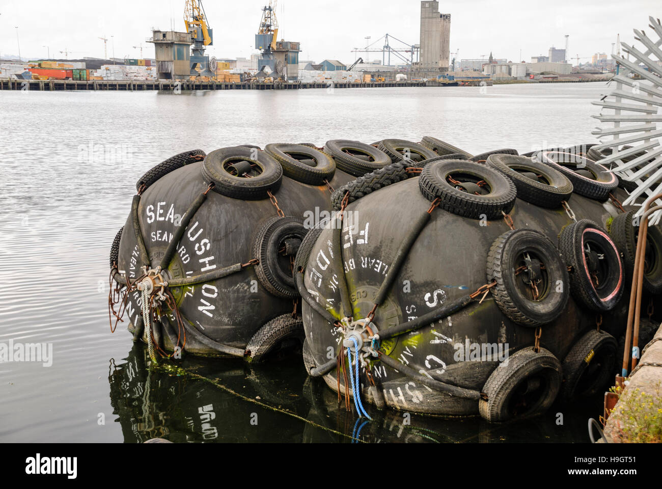 Tamponi gigante ricoperto con pneumatici a un dock per la protezione di ormeggio delle navi. Foto Stock
