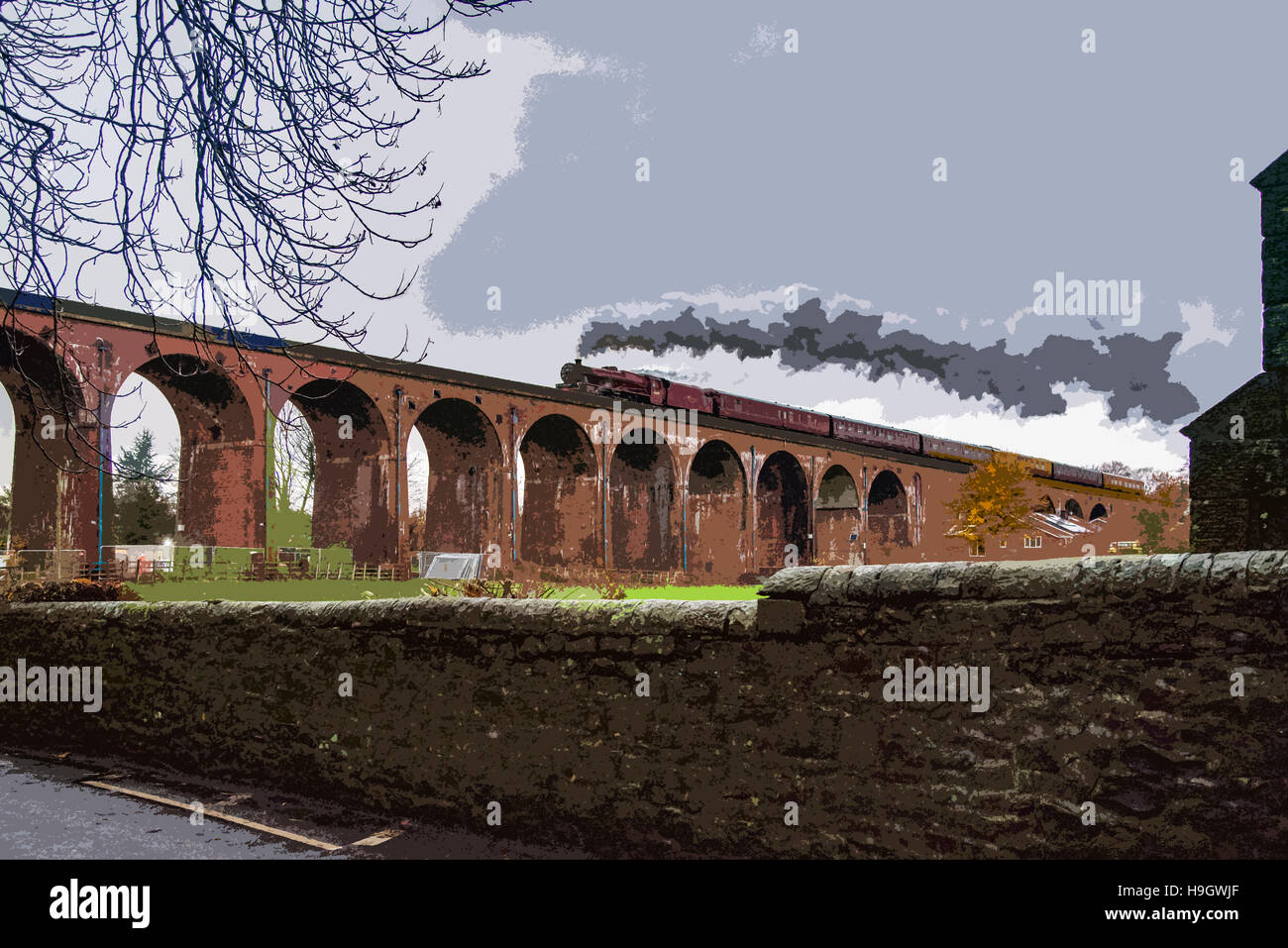 Immagine Posterized di Whalley archi viadotto con treno a vapore attraversando. Il ponte è in fase di ristrutturazione. Foto Stock