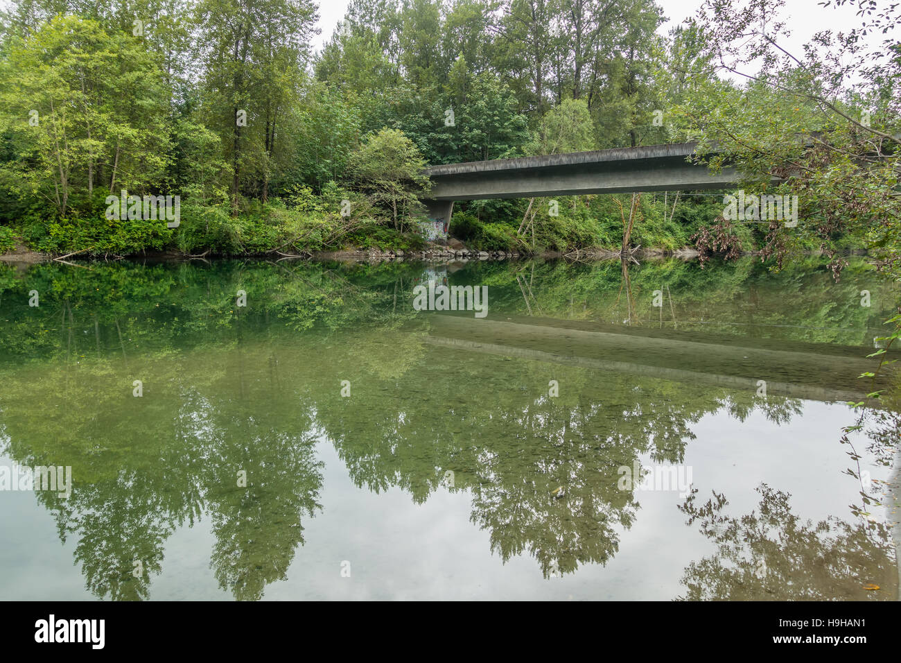 Un ponte e gli alberi sono riflesse in un fiume in North Bend, Washington. Foto Stock