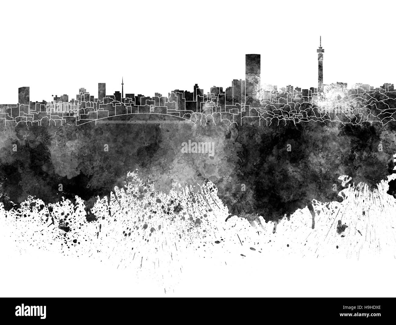 Lo skyline di Johannesburg in acquerello nero su sfondo bianco Foto Stock