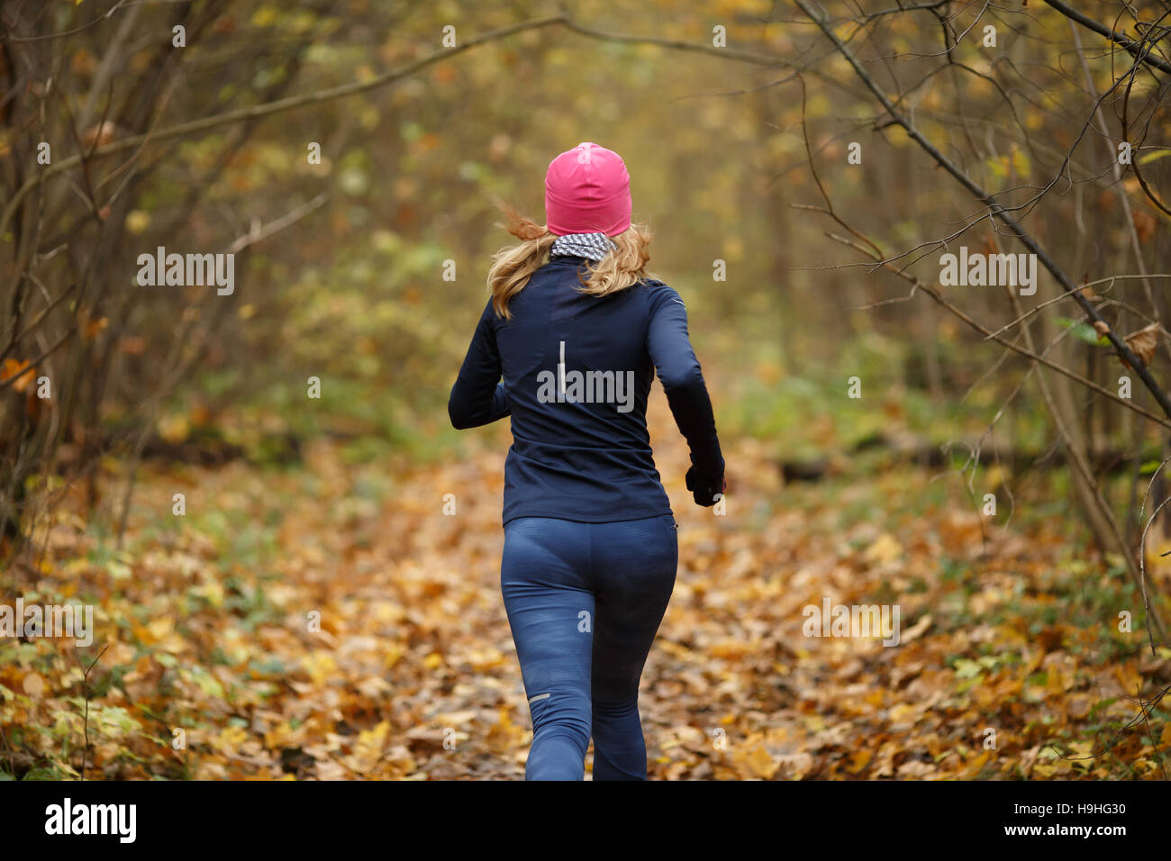 Blonde sportive tra giallo Leavs Foto Stock