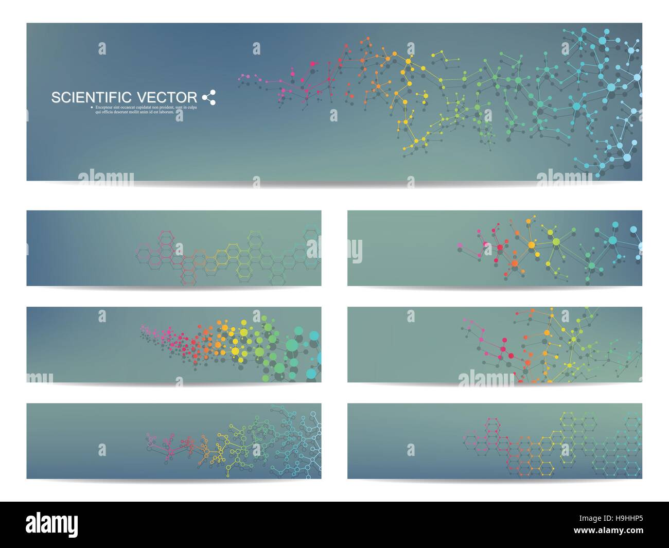 Set di scientifiche moderne banner. Struttura di molecola di DNA e i neuroni. Abstract background. Medicina, la scienza e la tecnologia. Illustrazione di vettore per il design. Illustrazione Vettoriale