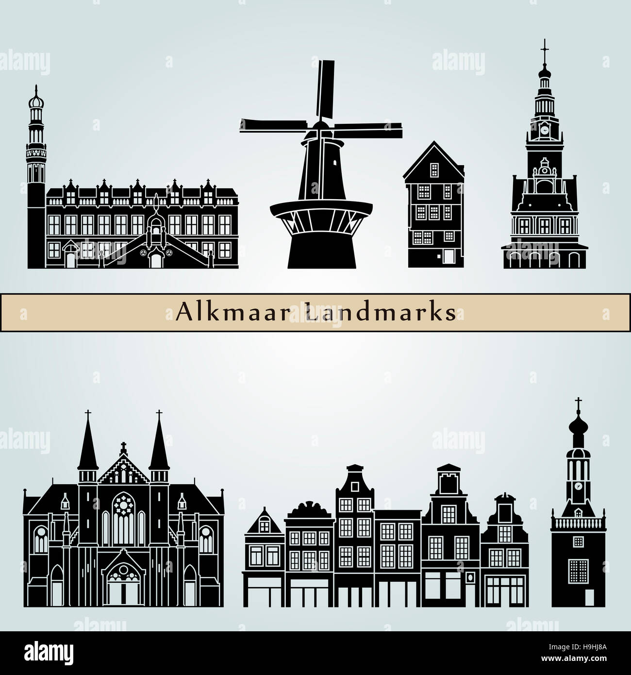 Alkmaar monumenti e luoghi di interesse isolato su sfondo blu modificabile nel file vettoriale Foto Stock