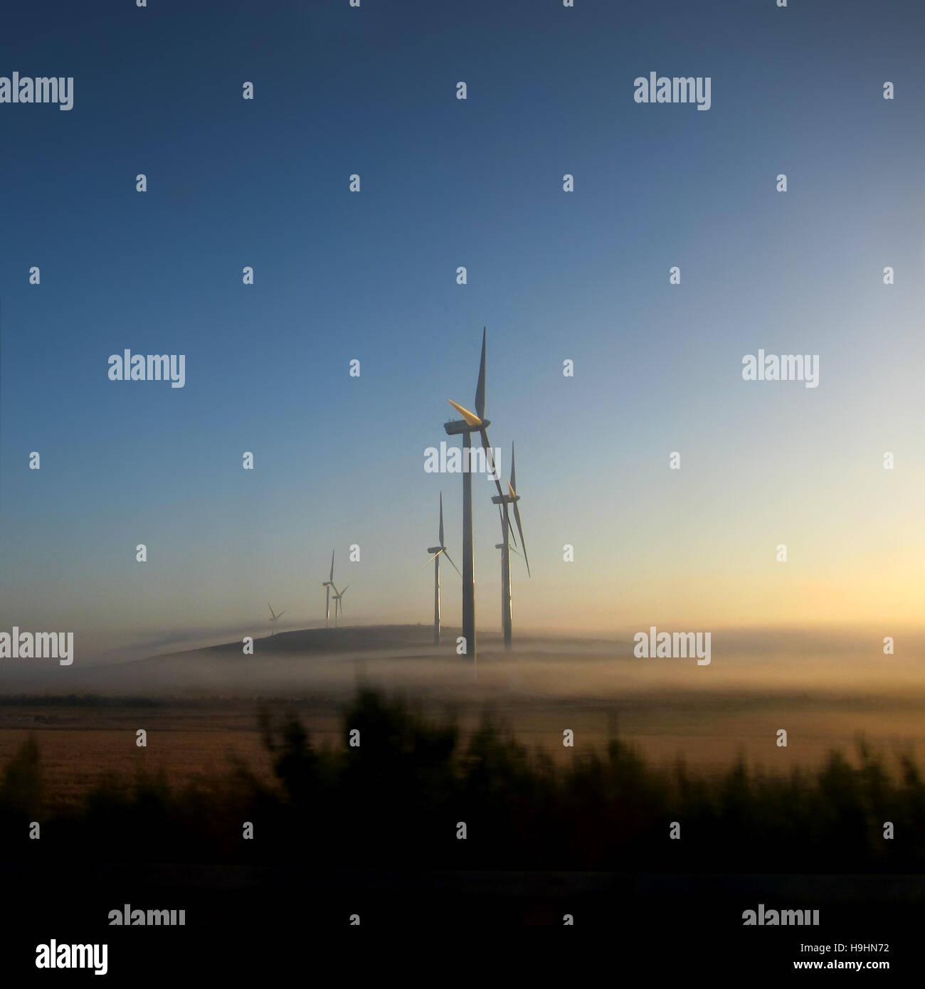 Mulini a vento al tramonto con nebbia sulle colline Foto Stock