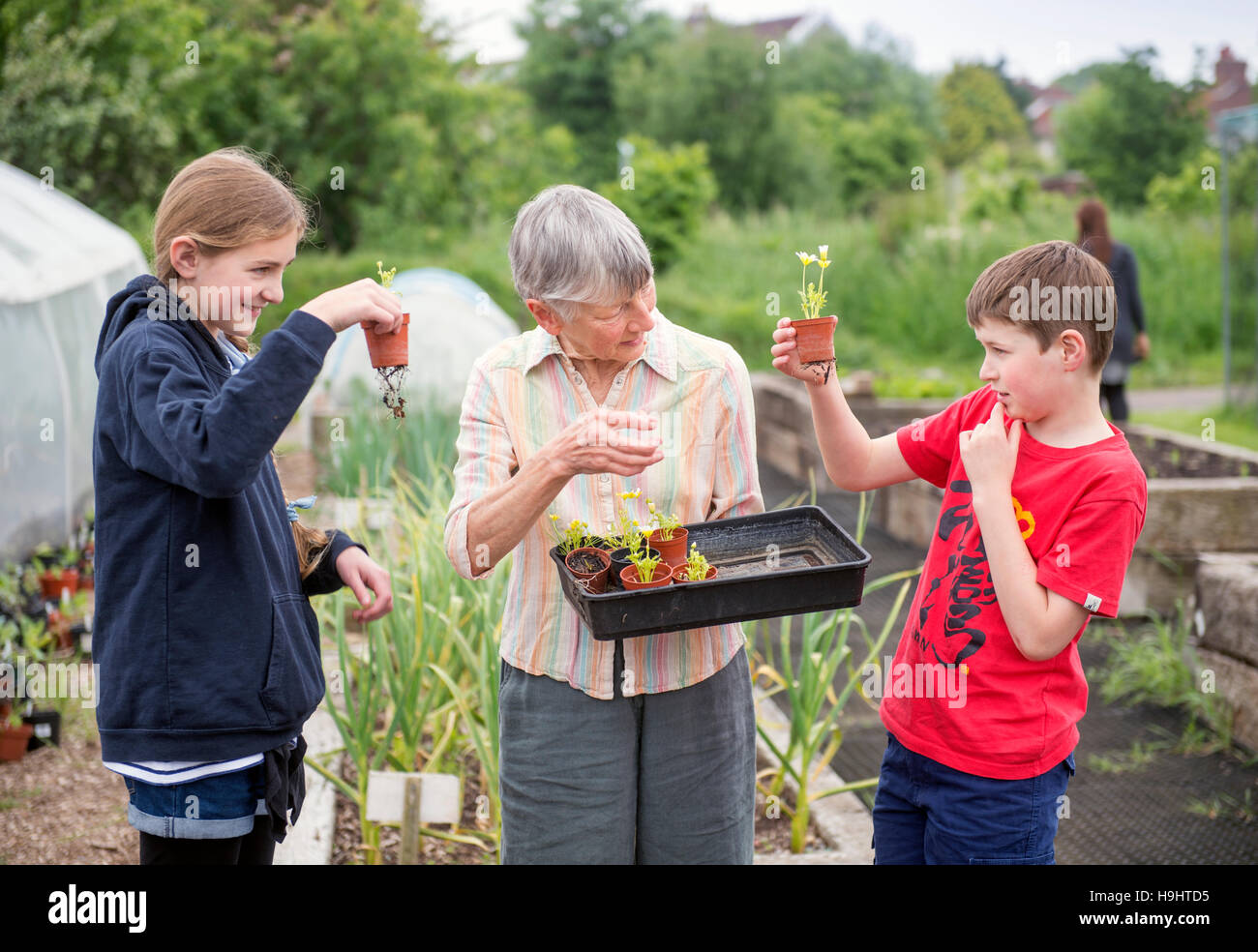 Un volontario presso la Collina Dorata comunità giardino a Bristol che mostra i bambini alcune piantine REGNO UNITO Foto Stock