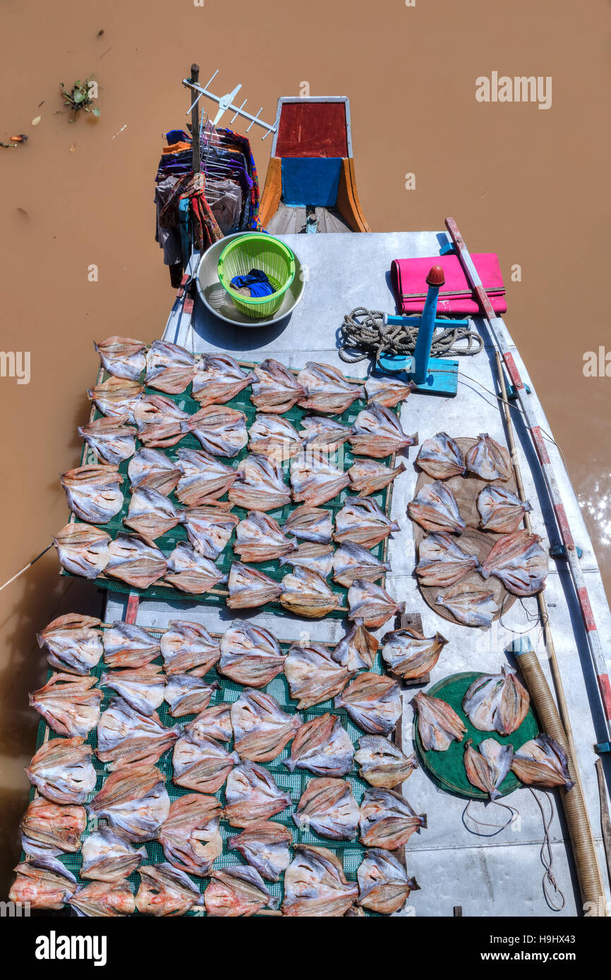 Pesce stabilite per essiccamento su una barca a Vinh Long, Delta del Mekong, Vietnam Asia Foto Stock