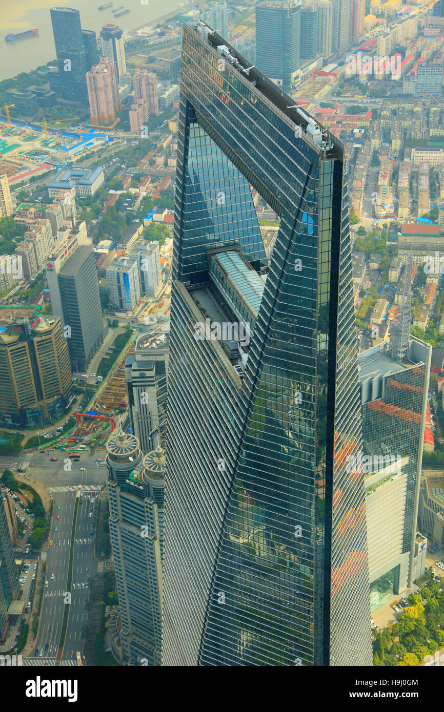 Cina, Shanghai Pudong, Shanghai World Financial Center, Vista aerea, Foto Stock