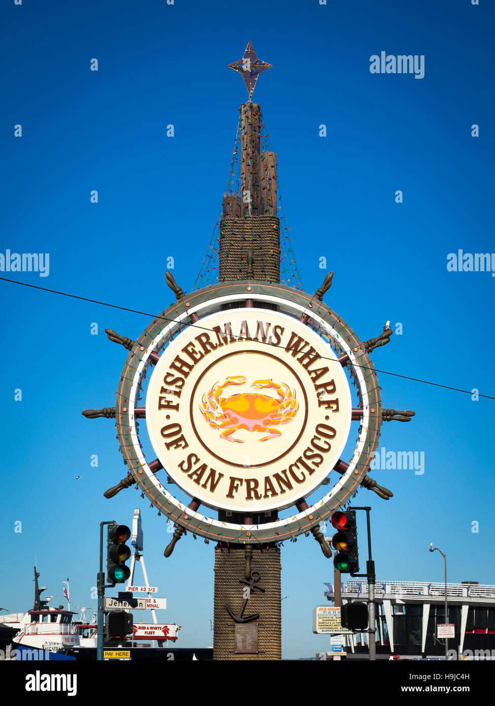 Una vista del famoso Fisherman Wharf sign in San Francisco, California. Foto Stock