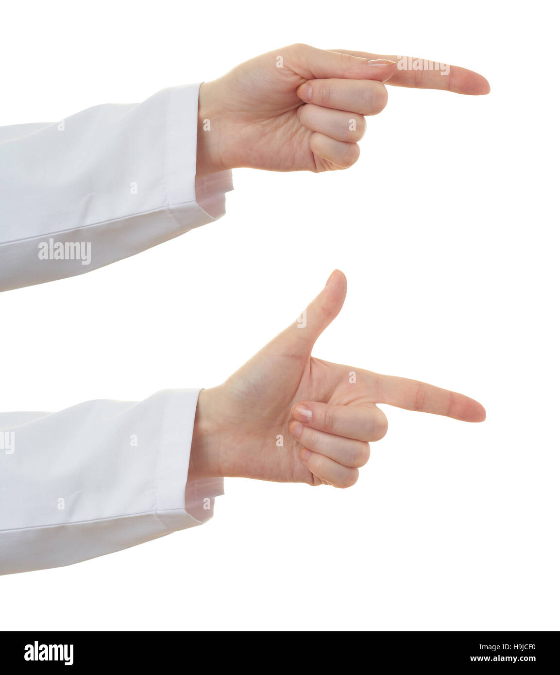 Set di medico femmina gesti a mano di colore bianco su sfondo isolato Foto Stock