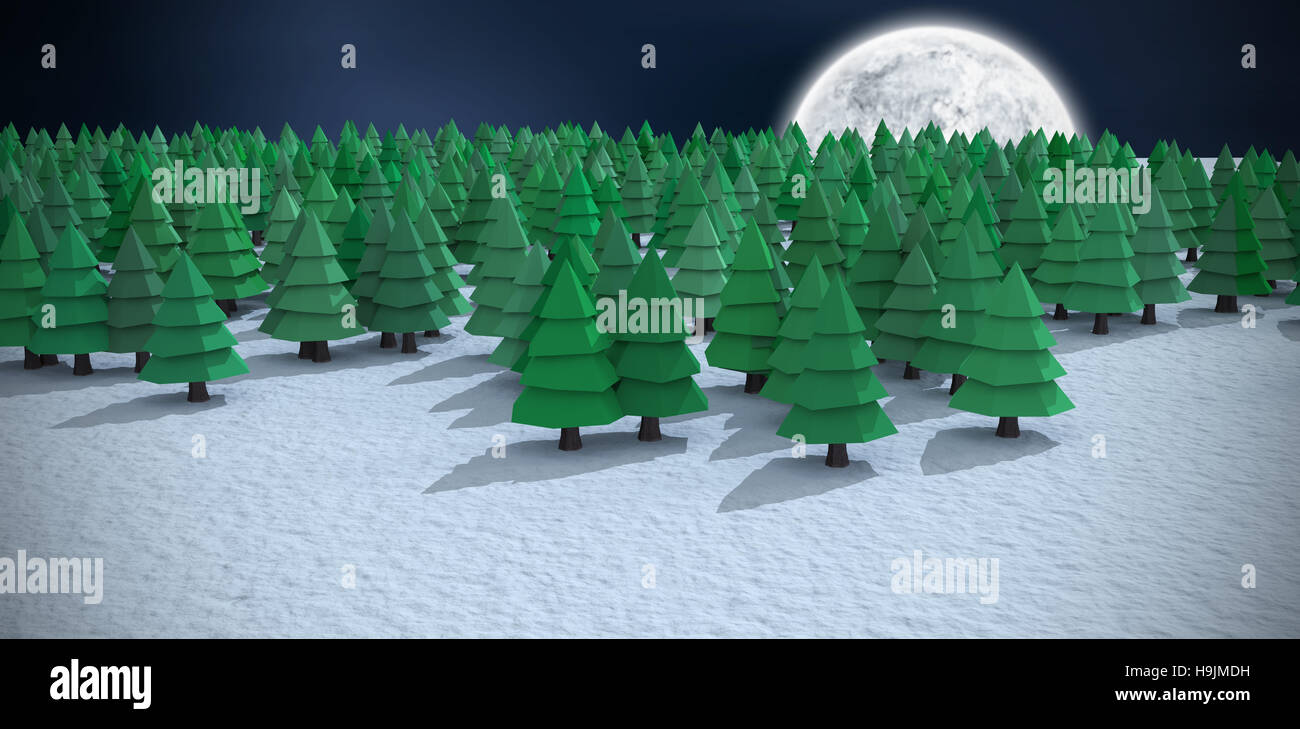 Immagine composita di alta vista angolo di verde di alberi di natale sul campo nevoso al forest Foto Stock