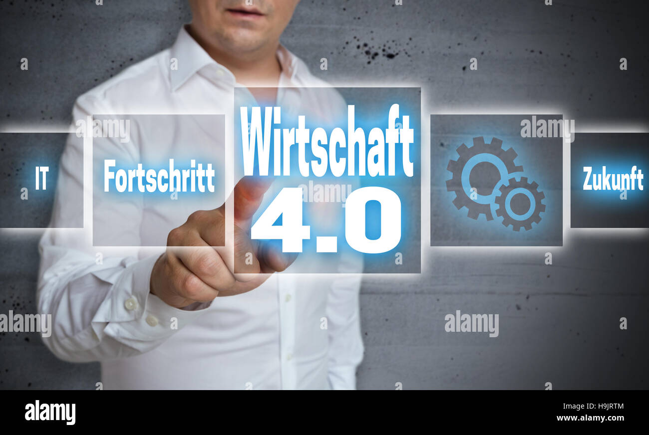 Wirtschaft 4.0 (nell economia tedesca, il progresso futuro) concetto del touchscreen sullo sfondo. Foto Stock
