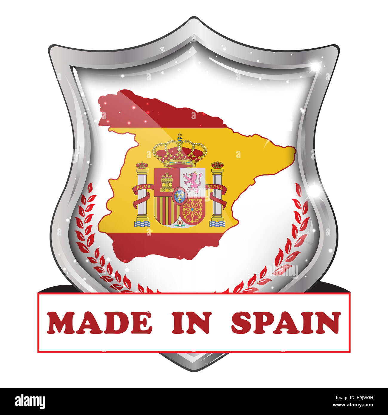 Realizzato in Spagna, qualità migliore perché ci prendiamo cura - business commerce icona lucido con la bandiera spagnola e la mappa sullo sfondo. Soddisfare Foto Stock