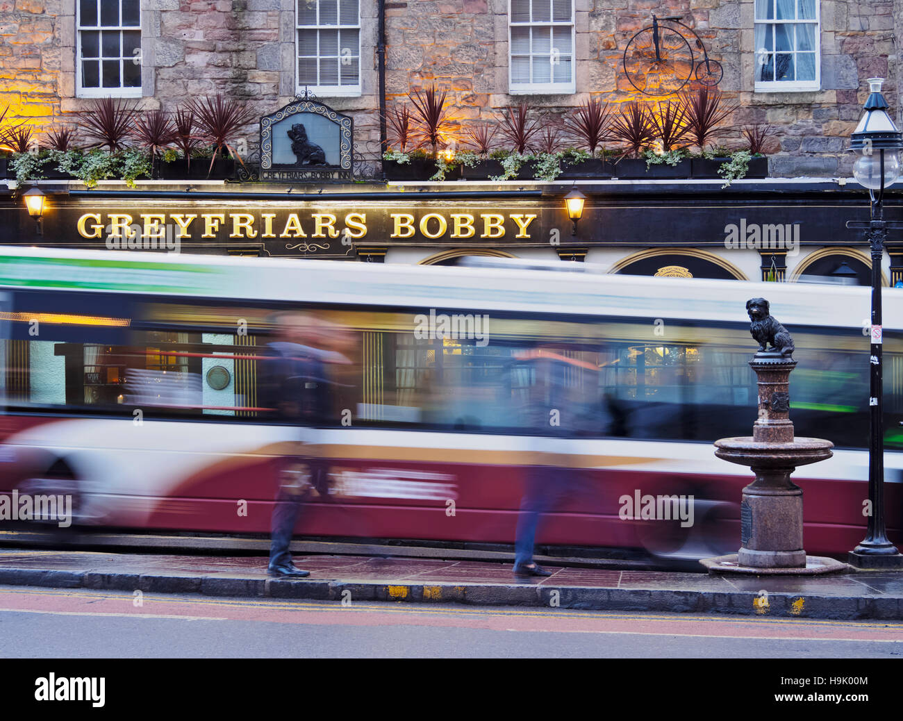 Regno Unito, Scozia, Lothian, Edimburgo, crepuscolo vista del Greyfriars Bobby's Bar e la scultura di Bobby. Foto Stock