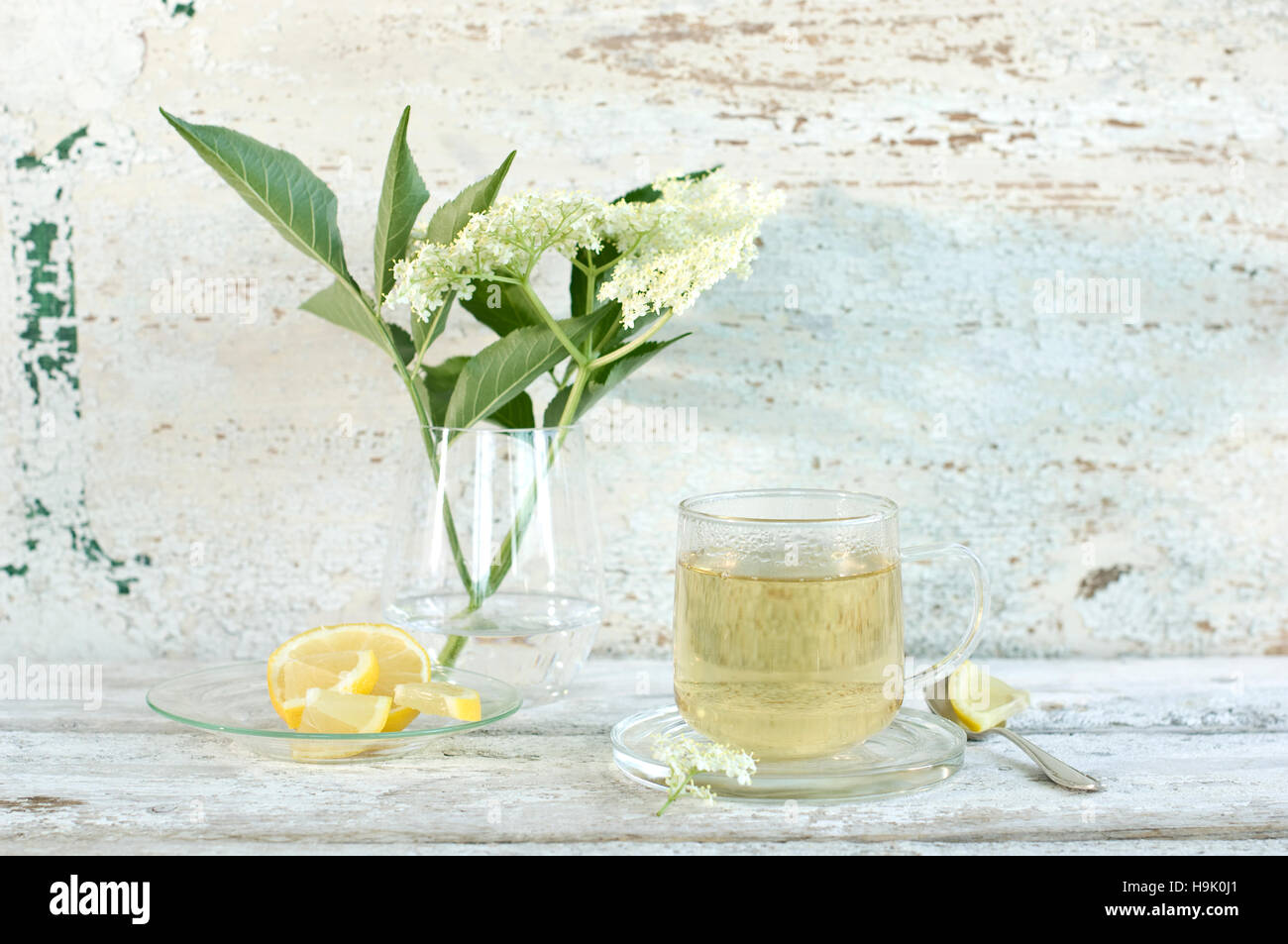 Il sambuco tè, elderflowers e le fette di limone Foto Stock