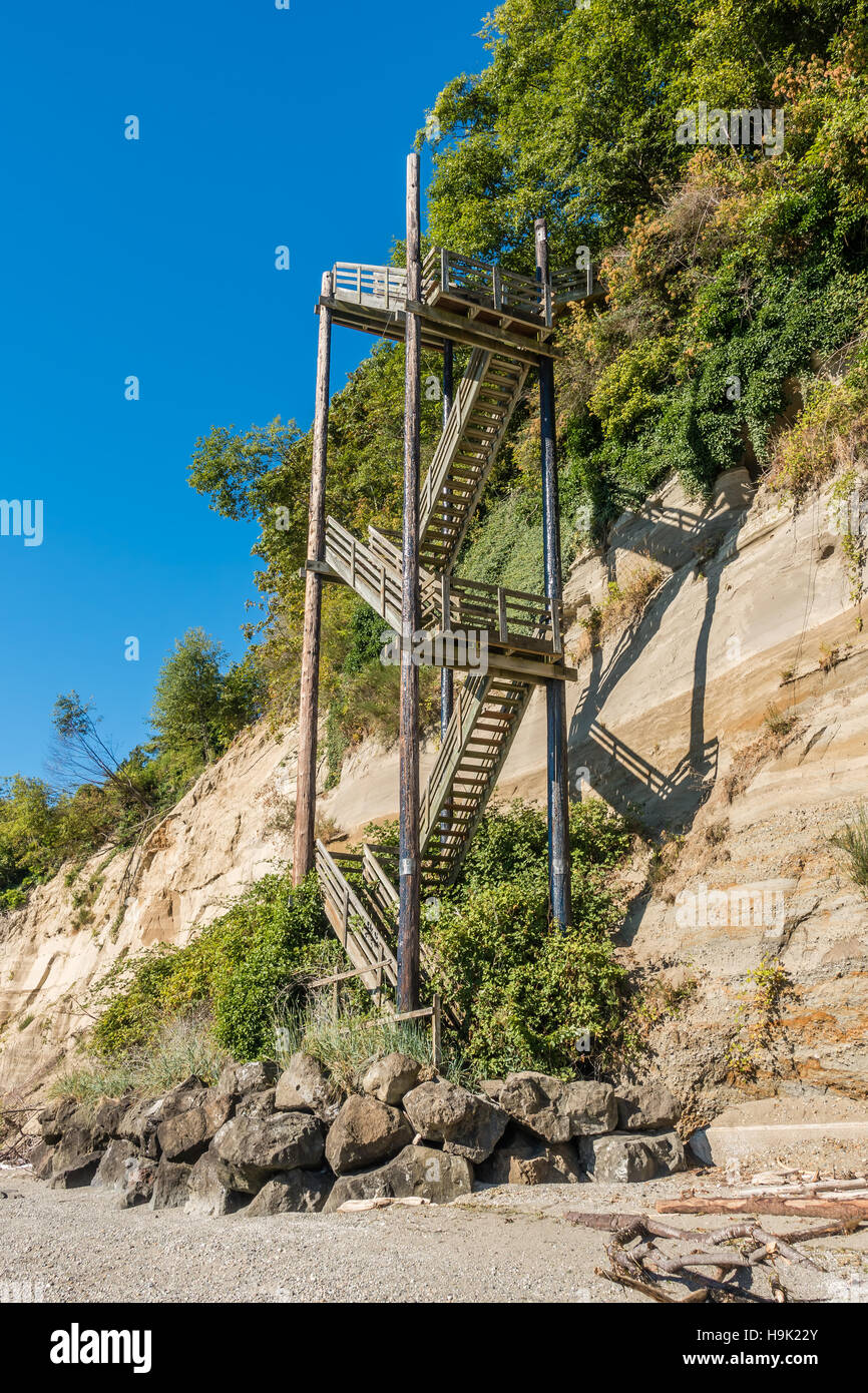 Una scala verticale sorge direttamente accanto a una collina a Saltwater del Parco Statale di Des Moines, Washington. Foto Stock