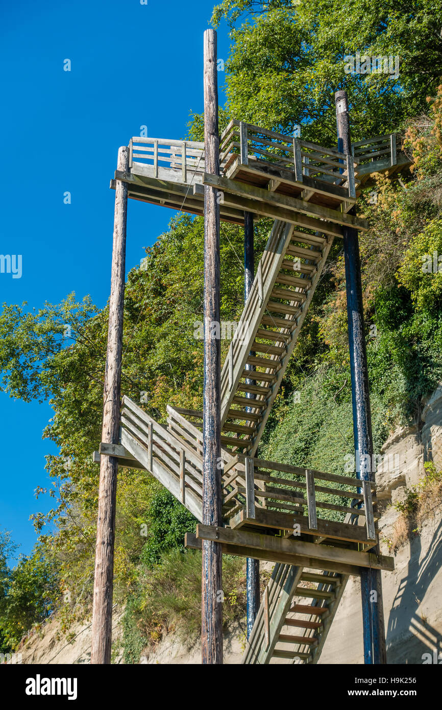 Una scala verticale sorge direttamente accanto a una collina a Saltwater del Parco Statale di Des Moines, Washington. Foto Stock