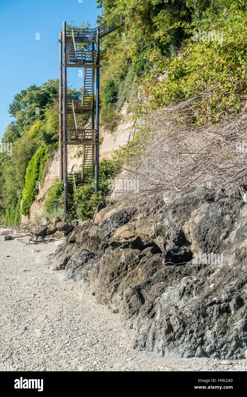 Una scala verticale sorge direttamente accanto a una collina a Saltwater del Parco Statale di Des Moines, Washington. Foto Stock