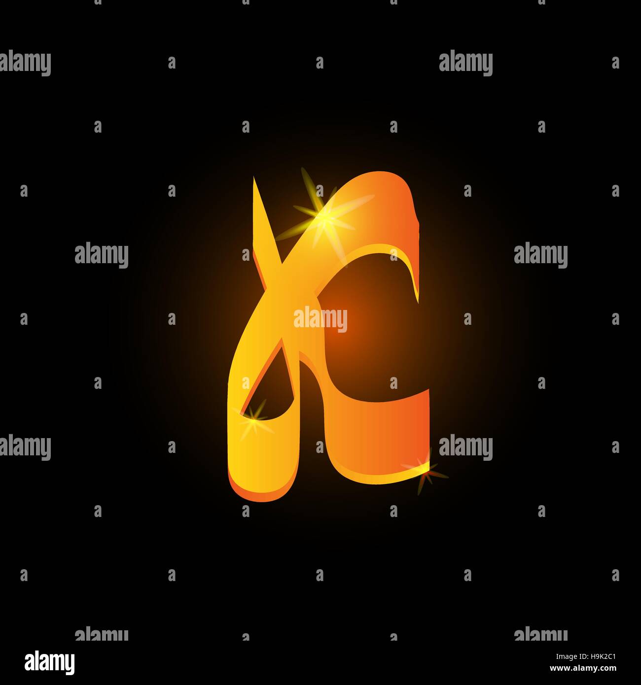 Golden stile arabo lettera k. Shiny alfabeto latino icona elemento su sfondo nero. La calligrafia orientale design. Fiery decorativo illustrazione vettoriale Illustrazione Vettoriale