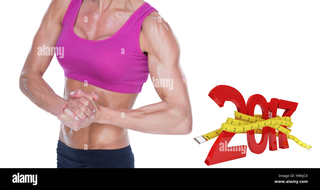 3D'immagine composita di bodybuilder femminile flessioni nel reggiseno sportivo e cortocircuiti Foto Stock