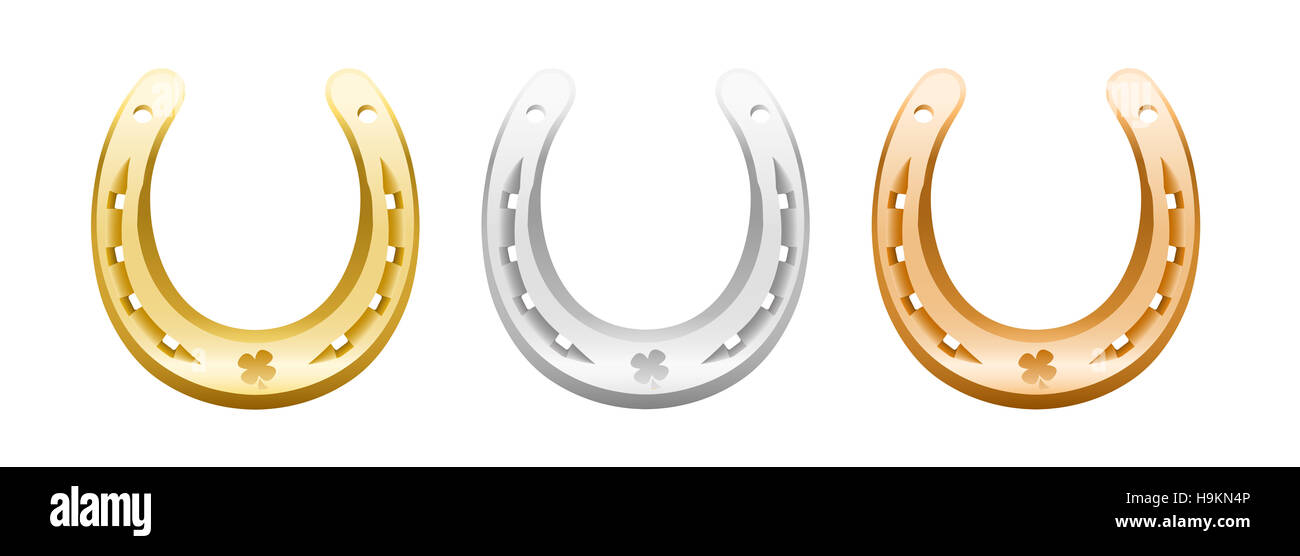 Oro, Argento e bronzo a ferro di cavallo con icona quadrifoglio. Foto Stock