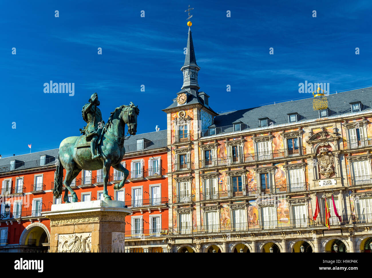 Statua di Filippo III su Plaza Mayor di Madrid in Spagna Foto Stock