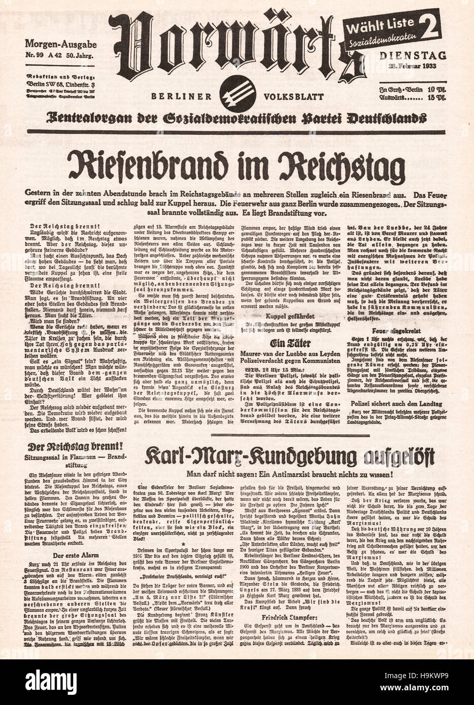 1933 Vorwärts pagina anteriore (Germania) Reichstag fire Foto Stock