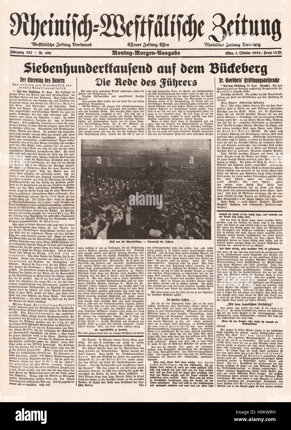 1934 Rheinisch-Westfälische Zeitung pagina anteriore (Germania) Nazi al rally Bückeberg, celebrazione di ringraziamento del Reich Foto Stock