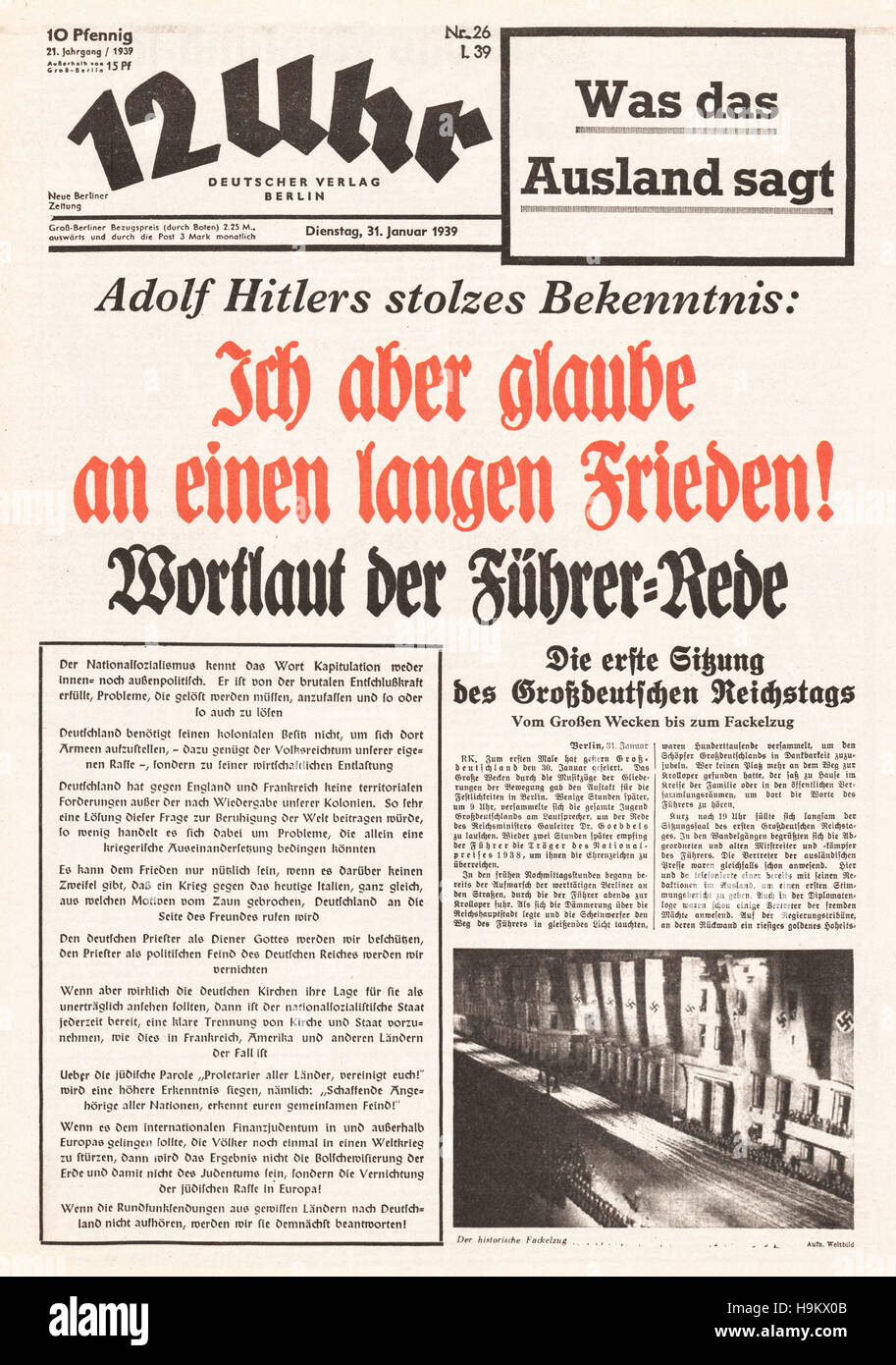 1939 12 Uhr (Germania) pagina anteriore Hitler la convinzione in una lunga pace Foto Stock