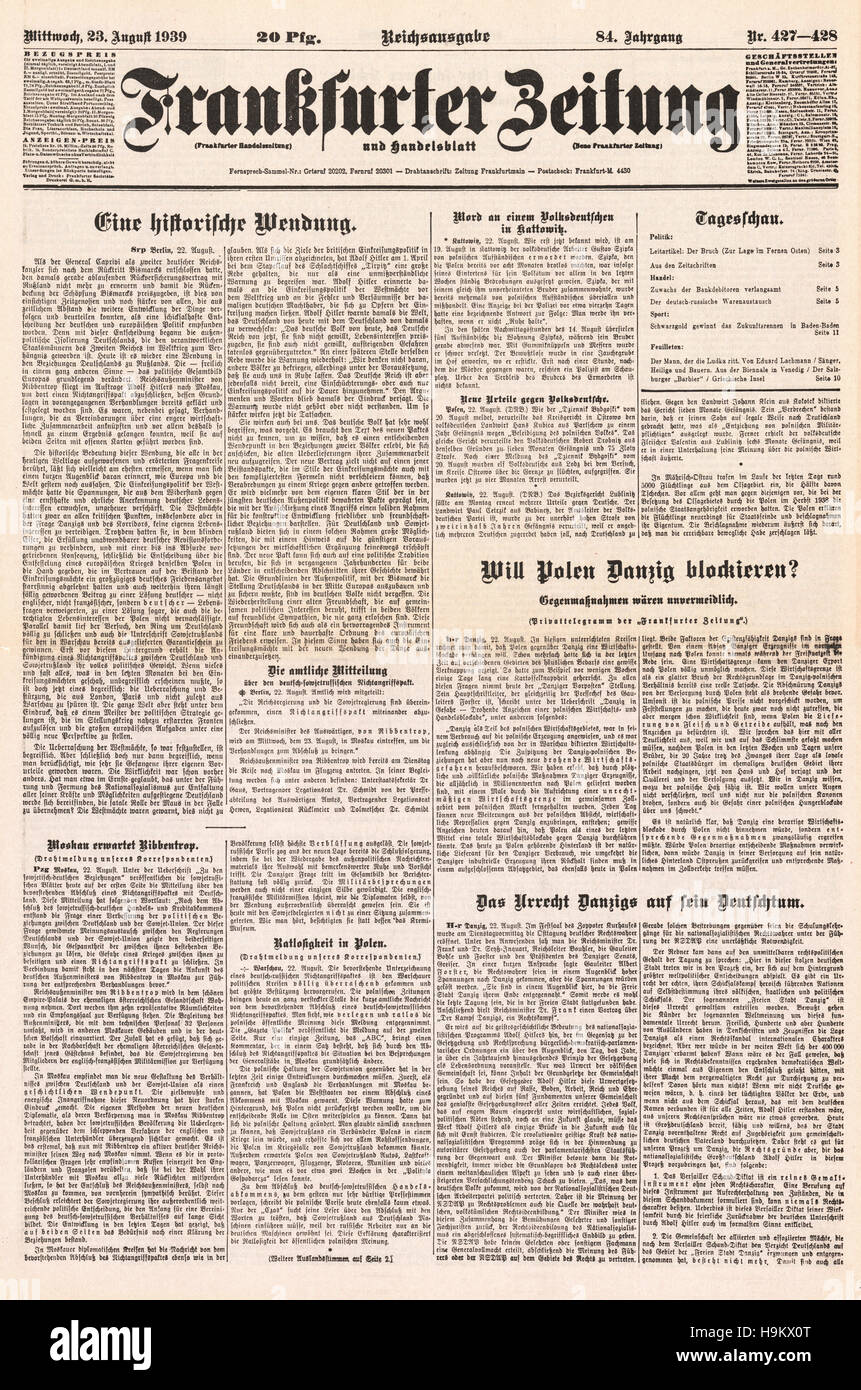 1939 Frankfurter Zeitung (Germania) front page patto Molotov-Ribbentrop Foto Stock