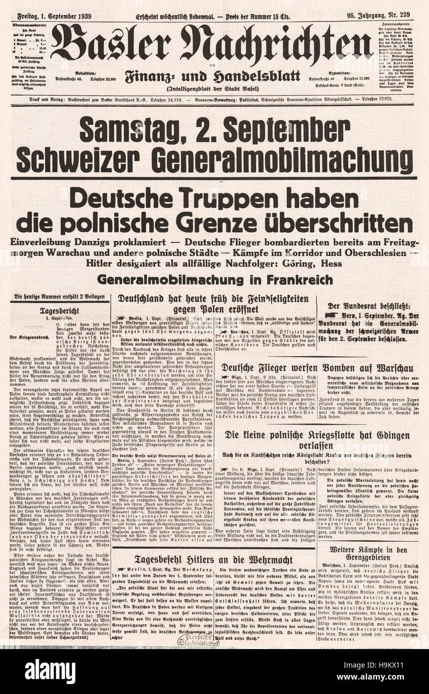 1939 Basler Nachrichten (Svizzera) front page invasione tedesca della Polonia Foto Stock