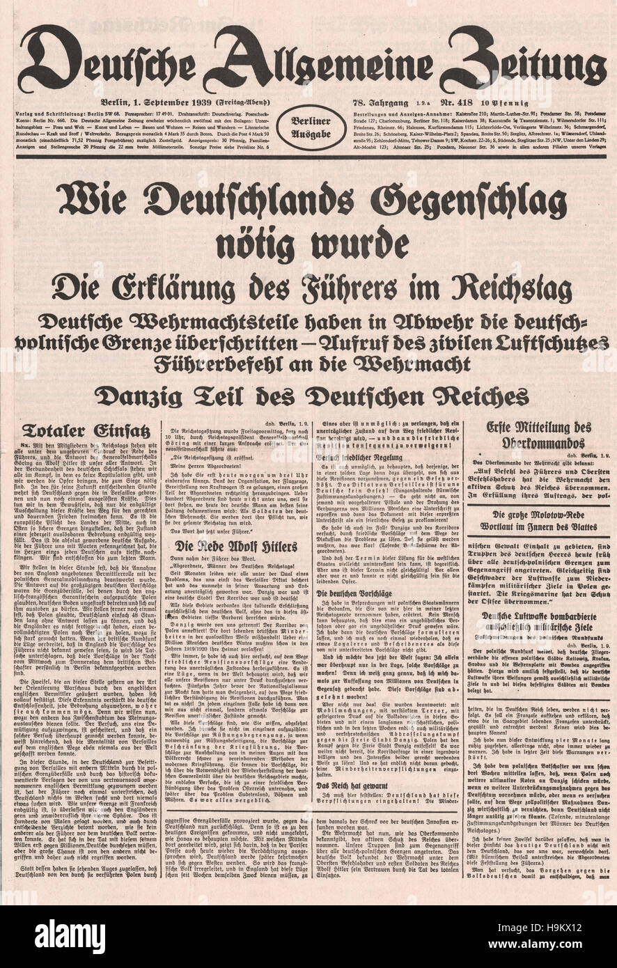 1939 Deutsche Algemeine Zeitung (Germania) front page invasione tedesca della Polonia Foto Stock