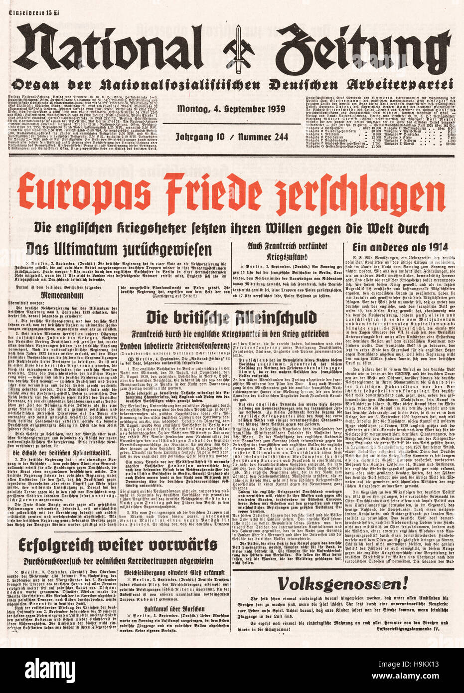 1939 National Zeitung (Germania) pagina anteriore in Francia e Inghilterra dichiarano guerra alla Germania Foto Stock