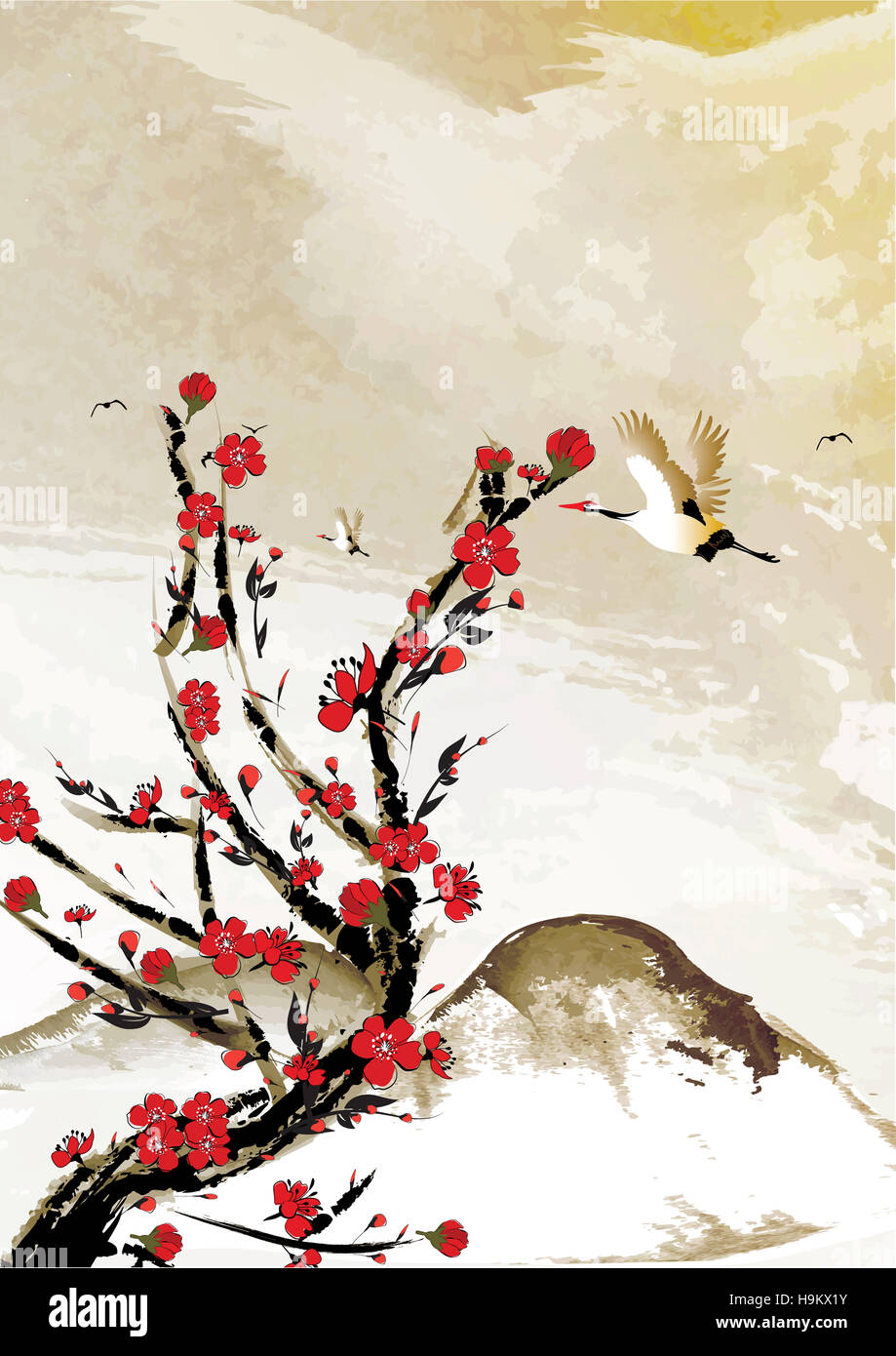 Sfondo di montagna con fiori di ciliegio e la gru uccelli. Stile giapponese. Ottimo per i biglietti di auguri, poster o texture design. Foto Stock