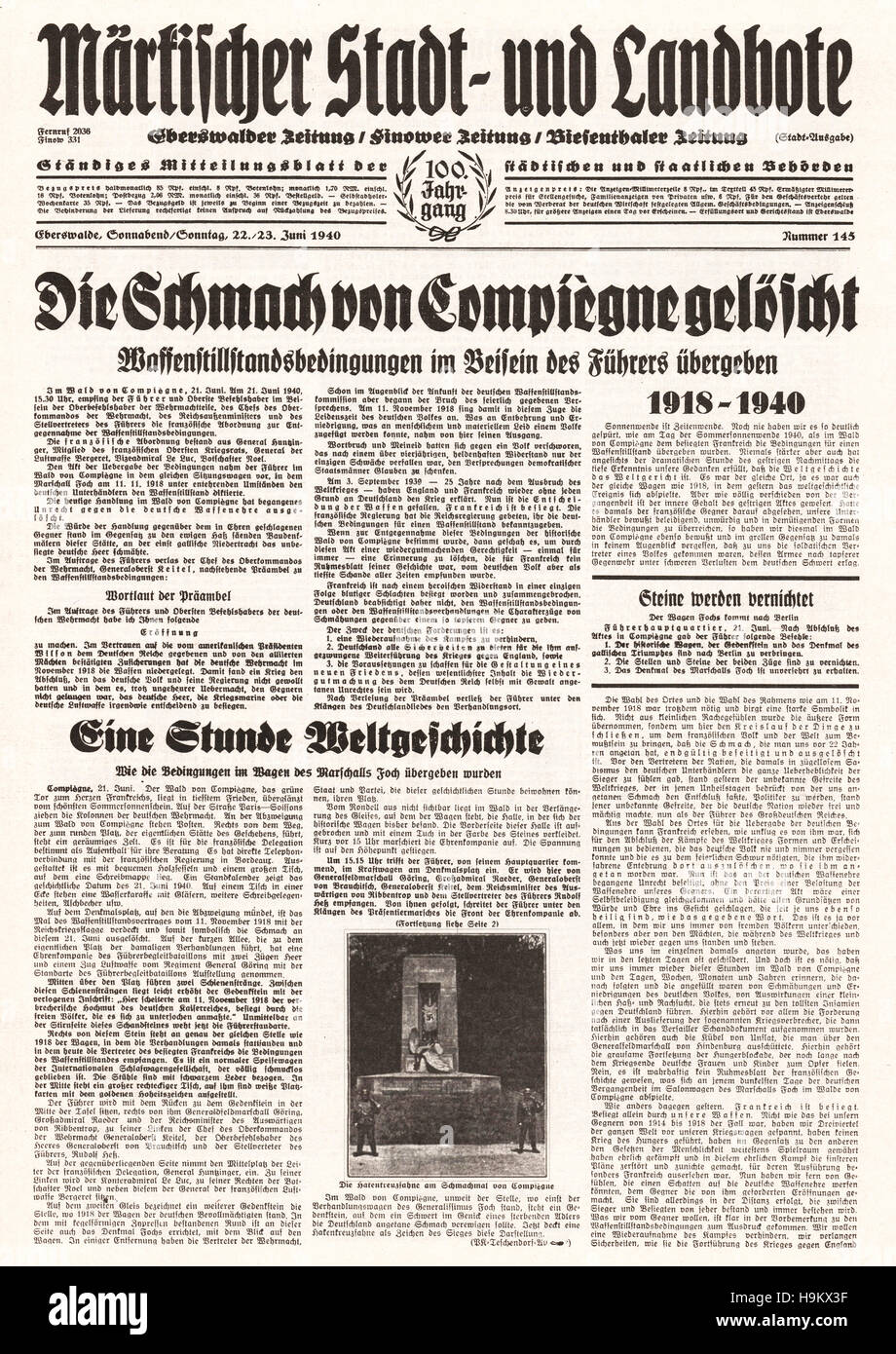 1940 Eberswalder Zeitung (Germania) pagina anteriore francese firma l'Armistizio Foto Stock