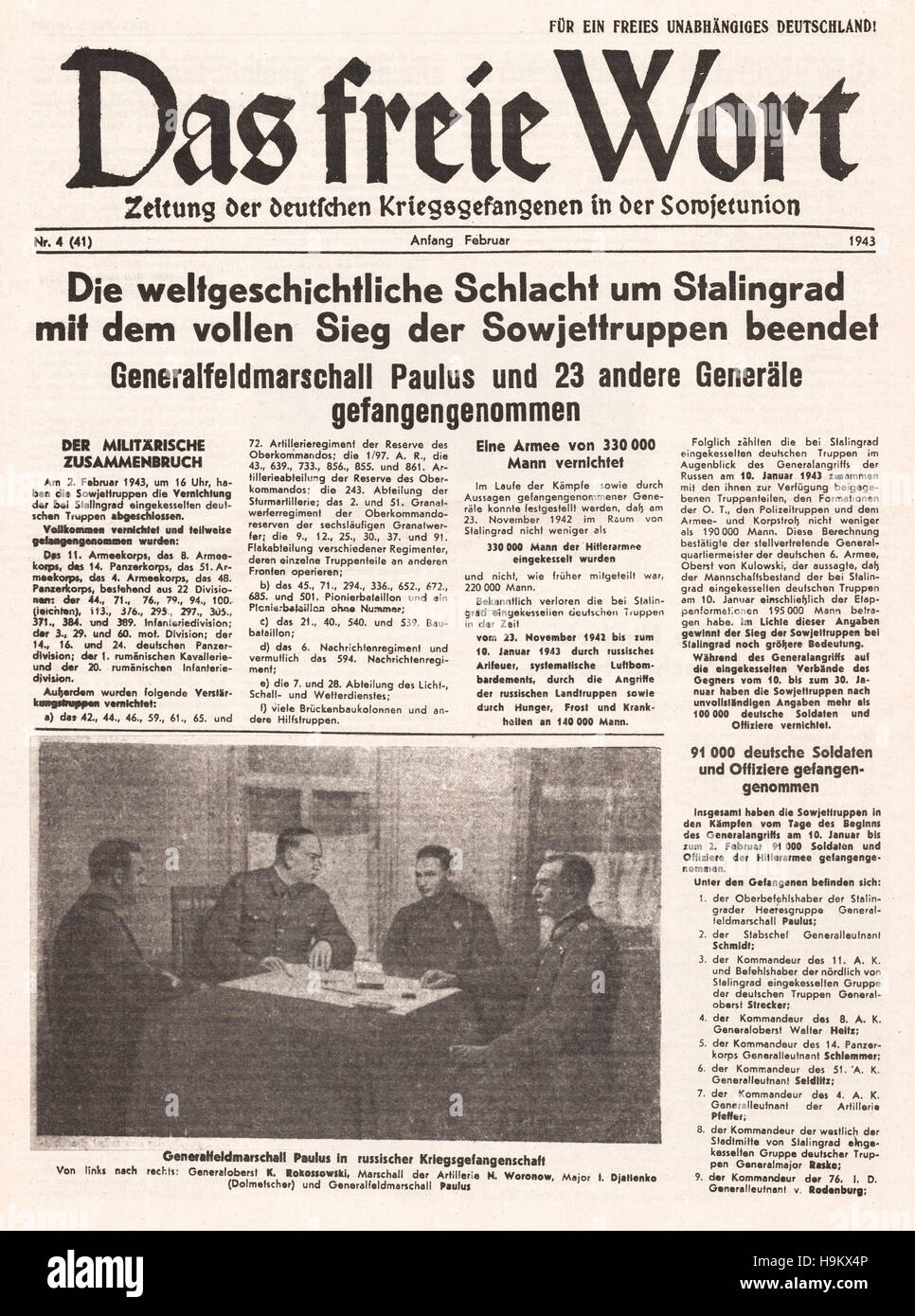 1943 Das freie Wort (Germania) pagina reporting tedesco õ esercito sconfitta a Stalingrado Foto Stock