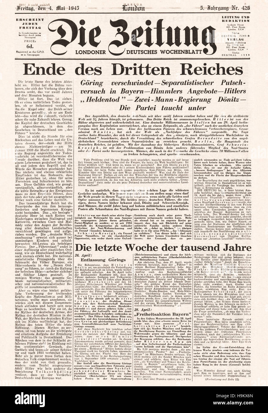 1945 Der Zeitung (Londra) pagina anteriore fine del Terzo Reich Foto Stock